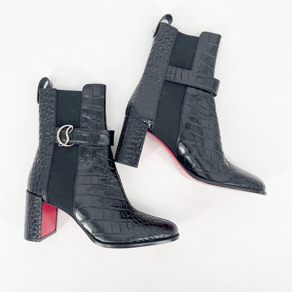 Christian Louboutin CL Chelsea Booty 70 Black Croc Embossed Leather Boots EU 41 - Picture 3 of 11